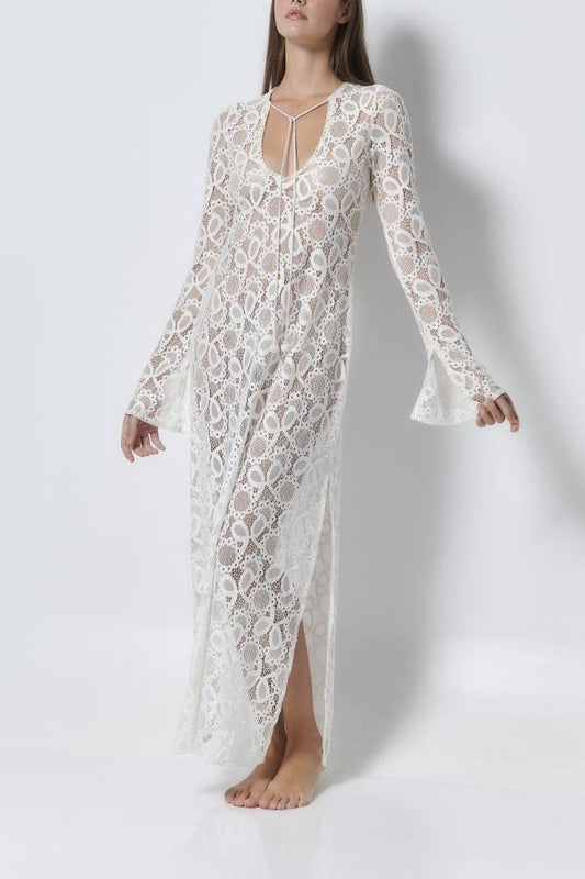 JO | Santorini Sunset Floral Lace Long Sleeve Slit Vacation Maxi Dress