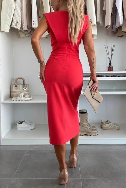 JO | Solid color Round neckline Sleeveless Slim fit midi dress with slit