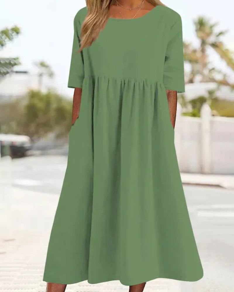 JO | Beach Short Sleeve Round Neck Ruffle Swing Casual Boho Midi Dress with Pockets