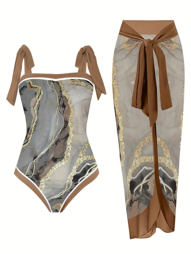 JO | Elegant swimsuit & skirt with marble print in one piece
