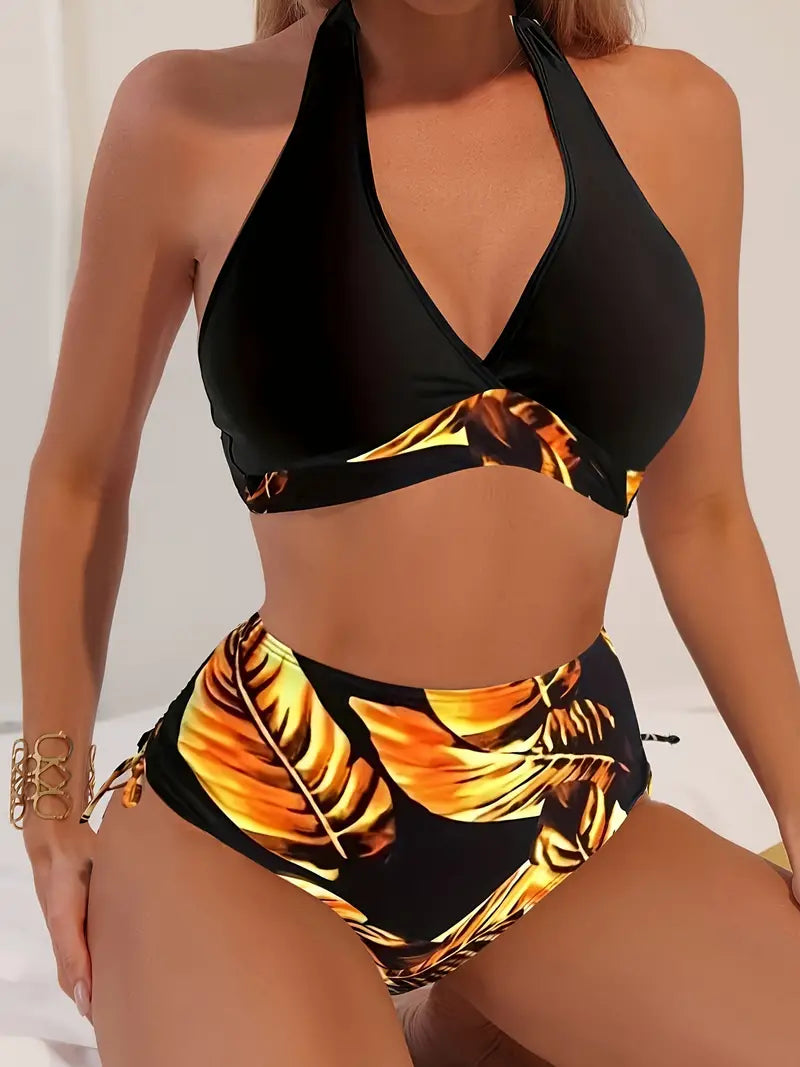 JO | Stylish tropical leaf print halter bikini