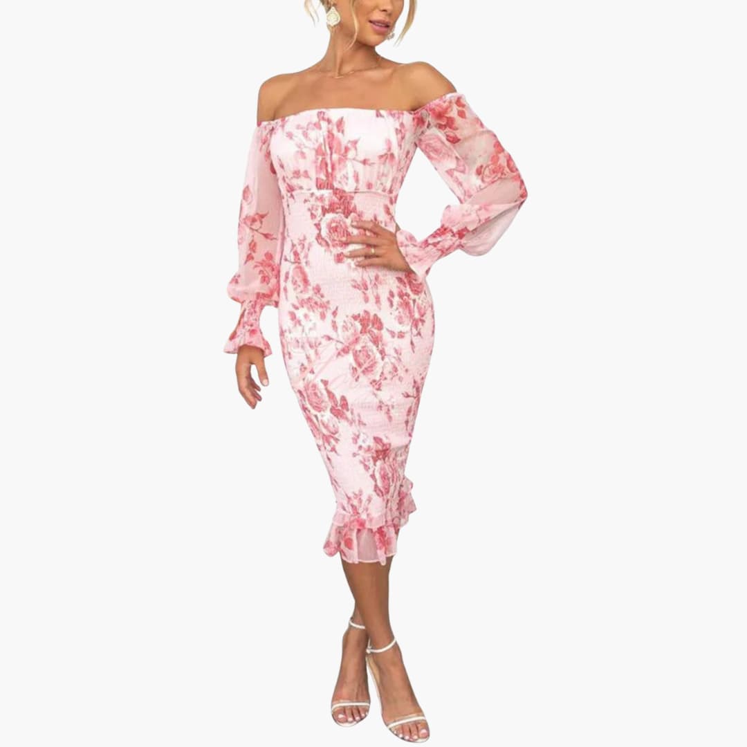 JO | Summery midi dress for women with floral print and sheer sleeves