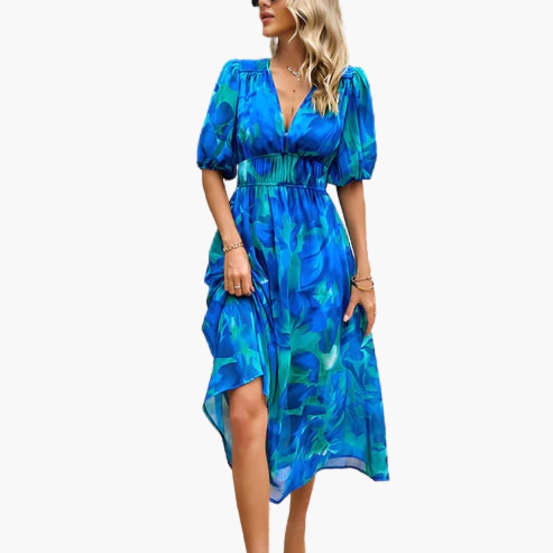 JO | Summery midi dress for women with floral print and lantern sleeves
