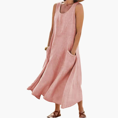 JO | Women's linen sleeveless midi dress with round neckline and pockets
