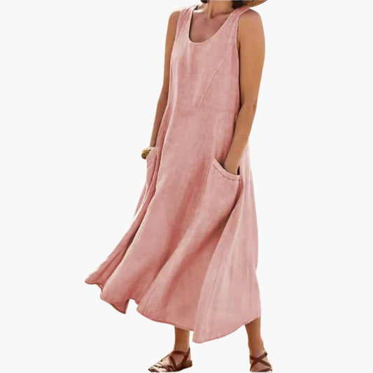 JO | Women's linen sleeveless midi dress with round neckline and pockets