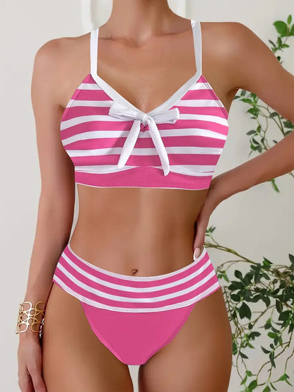 JO | Sexy striped print bow knot V-neck bikini