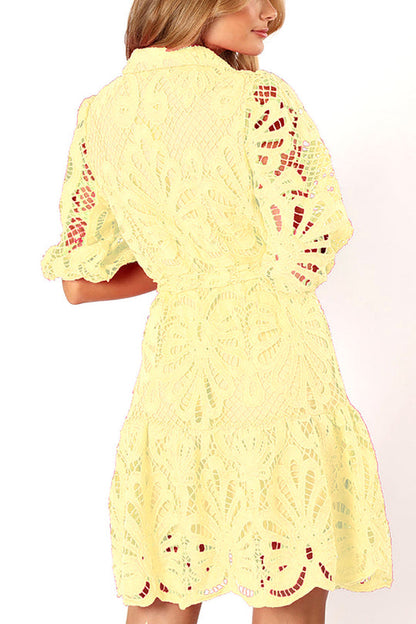 JO | Solid color lace neckline balloon sleeves and waist tie mini dress