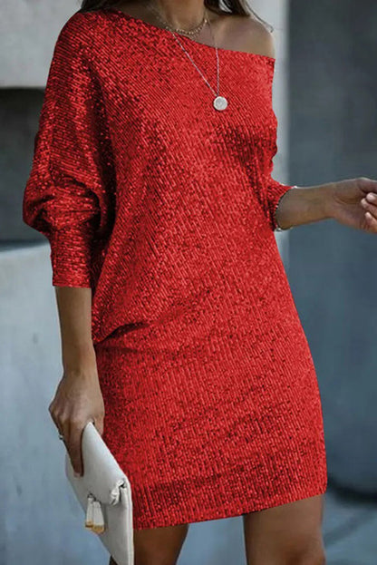 JO | Solid Sequins Off-shoulder Loose Mini Dress