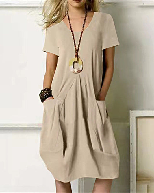 JO | Casual loose sundress Midi dress Short sleeve beach dress with pockets