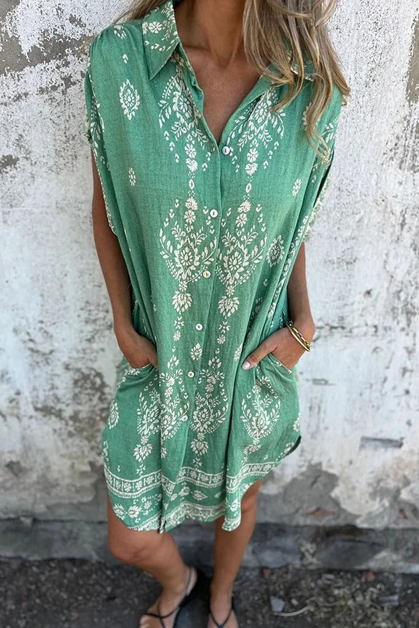 JO | Linen Blend Unique Print Lapel Casual Pocket Mini Dress