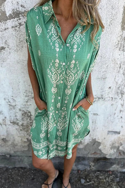 JO | Linen Blend Unique Print Lapel Casual Pocket Mini Dress