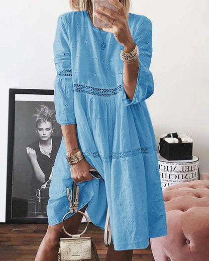 JO | Boho Solid Neckline Hollow Back 3/4 Sleeve Midi Dresses