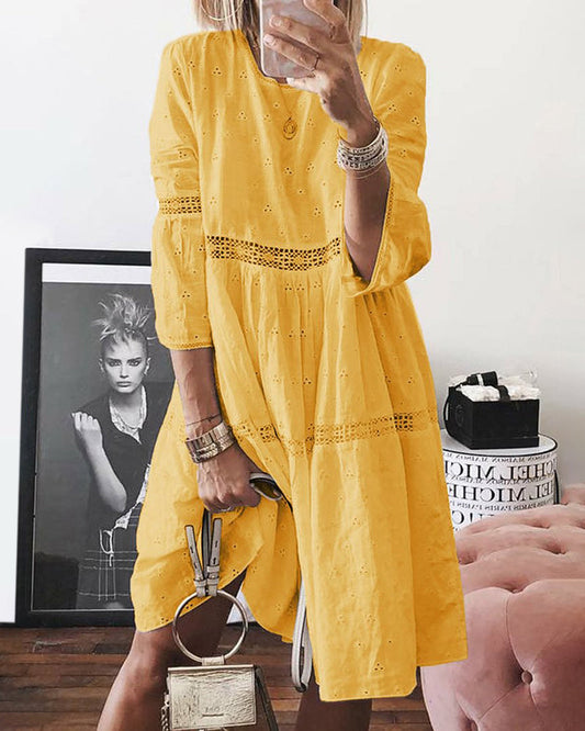 JO | Boho Solid Neckline Hollow Back 3/4 Sleeve Midi Dresses