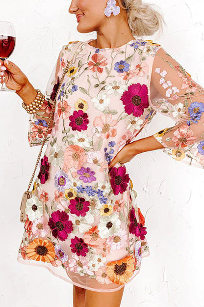JO | Dahlia Dreaming Embroidered Floral Appliqué Half Sleeve Mini Dress