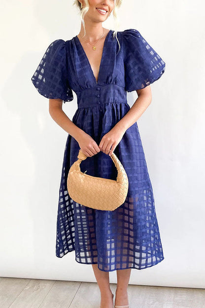 JO | Remarkable Beauty Square Patterned Fabric Puff Sleeve Party Midi Dress