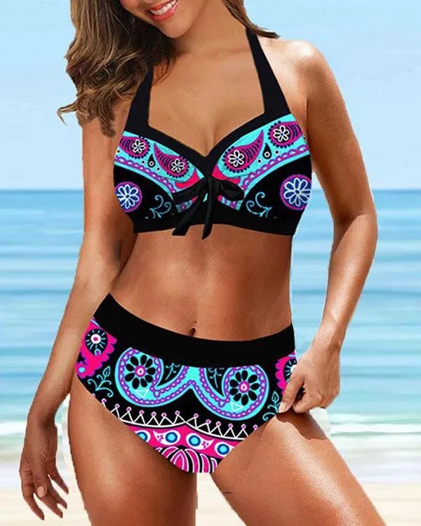 JO | Plus Size Vintage Floral Print Lace Up Halter V-Neck Sexy Bikini Set