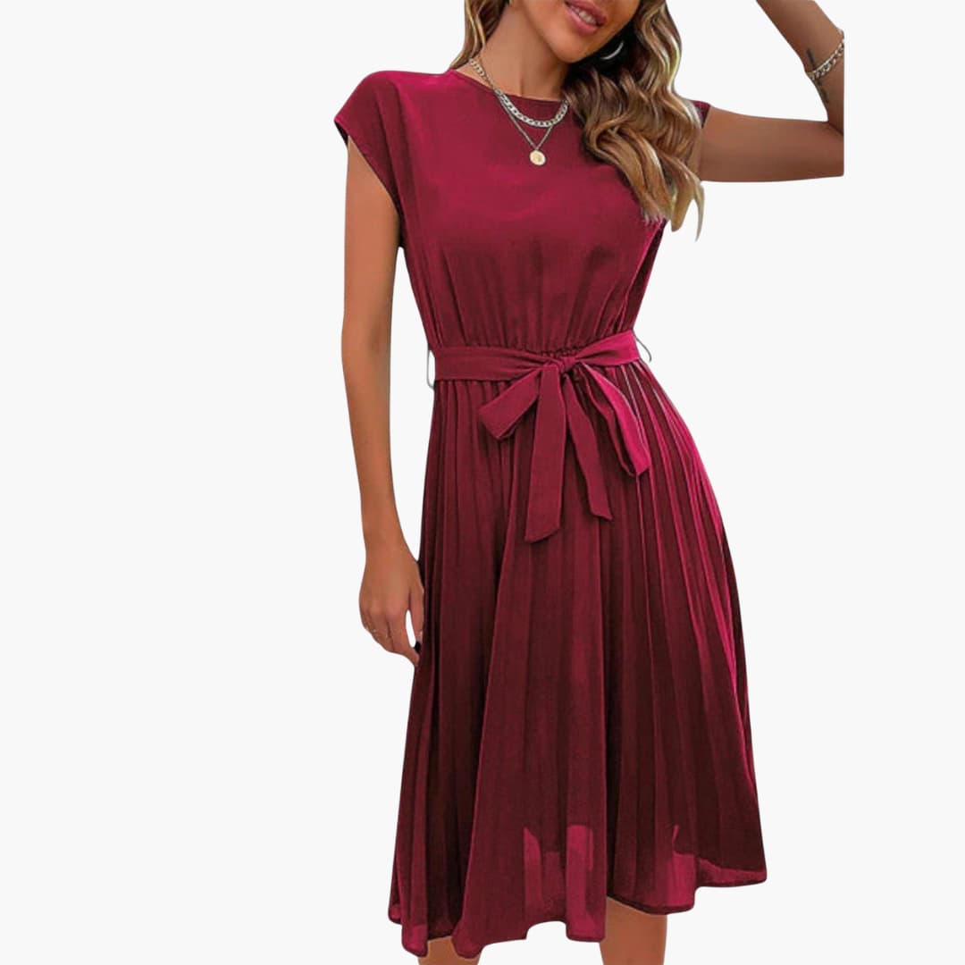 JO | Women's casual midi dress with pleated skirt and tie belt