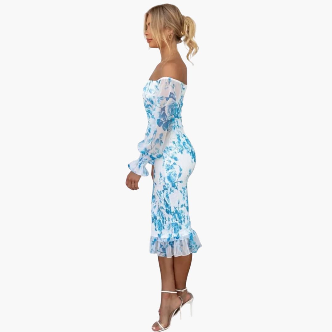 JO | Summery midi dress for women with floral print and sheer sleeves