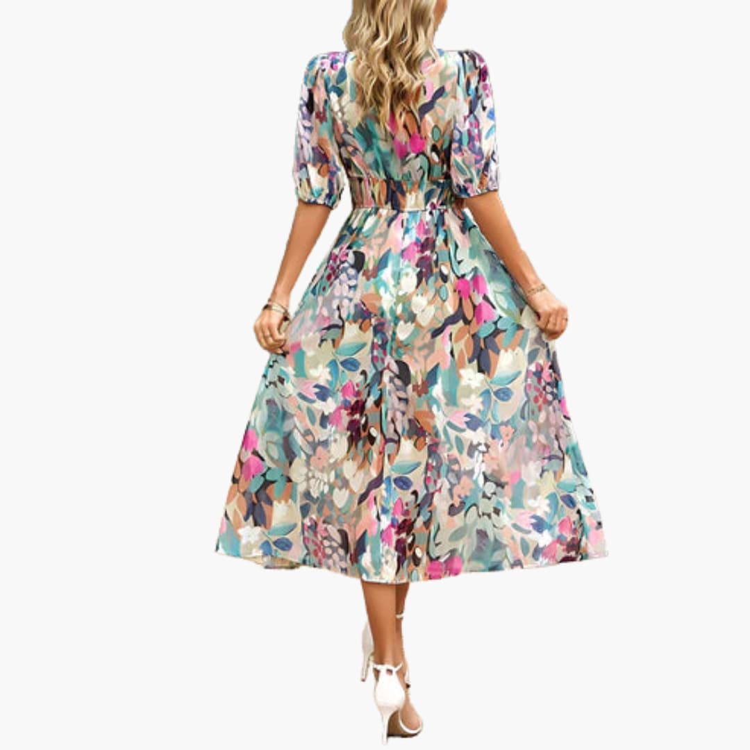 JO | Summery midi dress for women with floral print and lantern sleeves