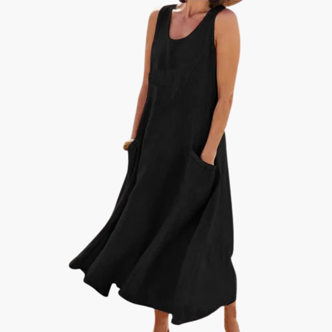 JO | Women's linen sleeveless midi dress with round neckline and pockets