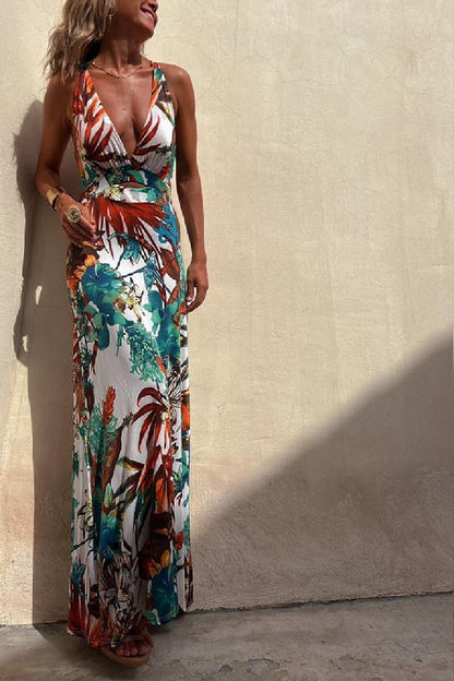 JO | RAINFOREST PARADISE TROPICAL PRINT NECKLINE BACK CROSSOVER STRETCH MAXI DRESS