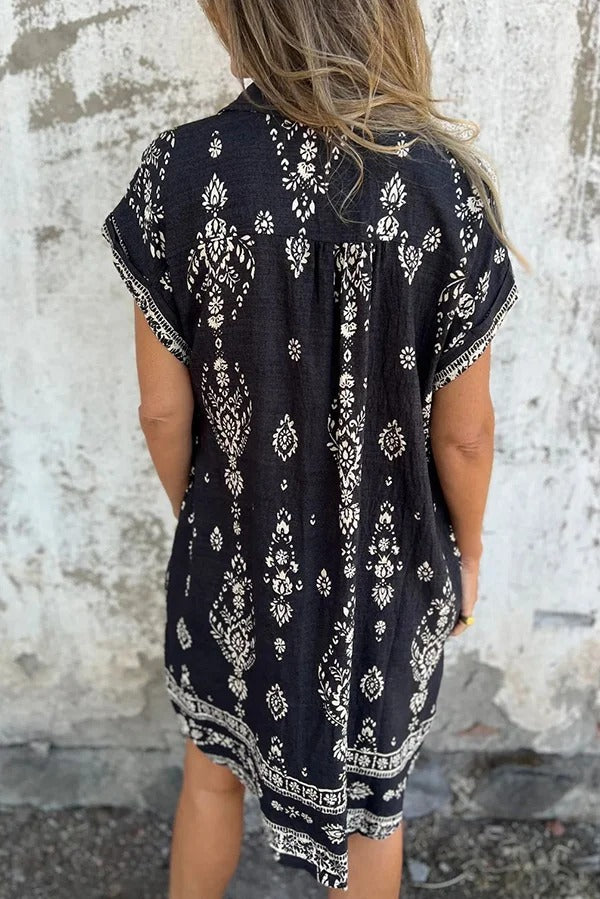 JO | Linen Blend Unique Print Lapel Casual Pocket Mini Dress