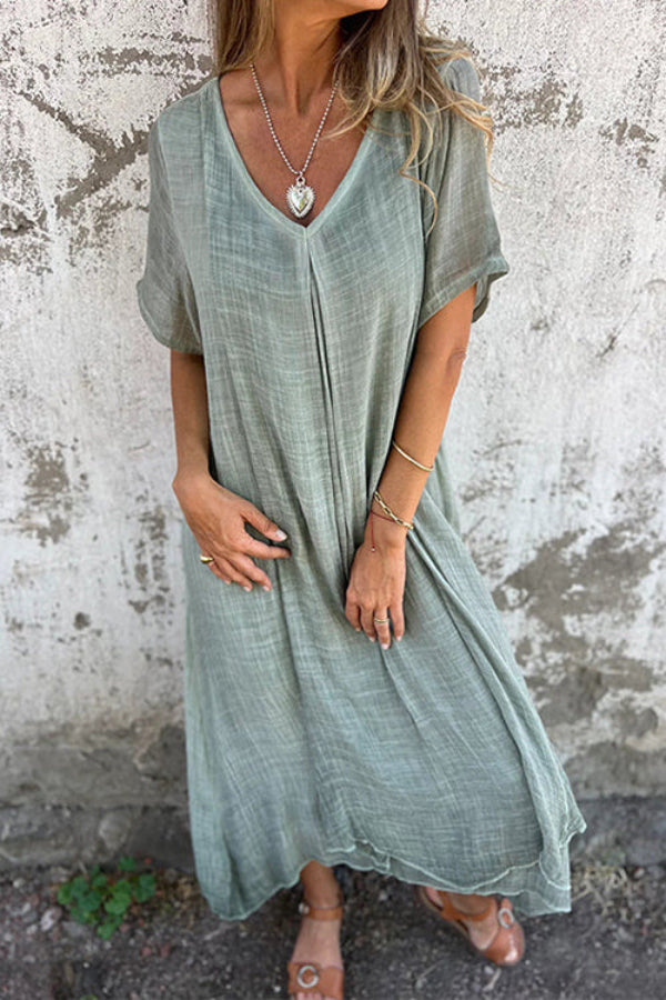 JO | V-neck loose fit cotton linen midi dress