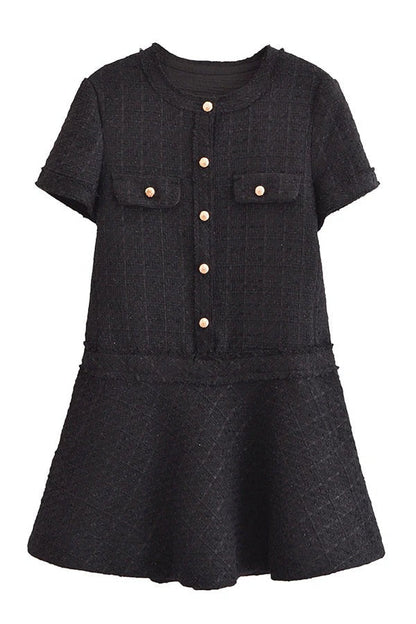 JO | 1960s London Girl tweed textured gold button short sleeve pocketed mini dress