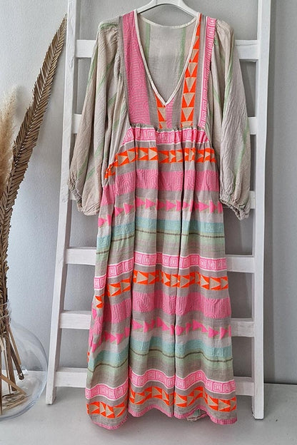 JO | Pink striped midi dress with Greek key and orange necklace