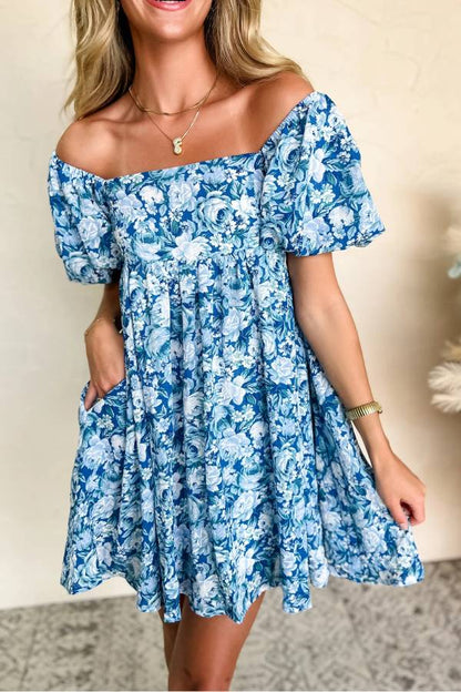 JO | Blue floral babydoll mini dress with puff sleeves