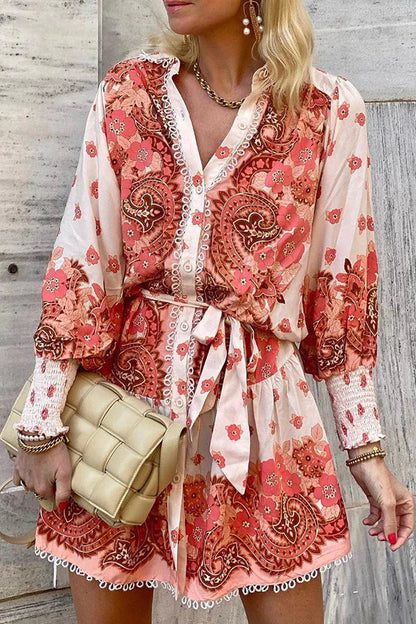 JO | Palace print button smocked sleeves belt mini dress