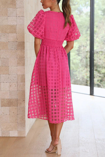 JO | Remarkable Beauty Square Patterned Fabric Puff Sleeve Party Midi Dress
