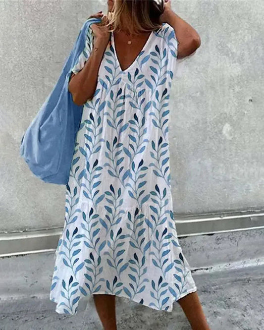 JO | Baggy Floral Print Swing Midi Dress Short Sleeve Casual Beach Sundress