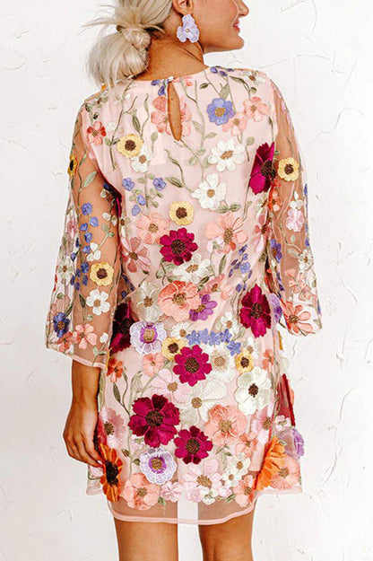 JO | Dahlia Dreaming Embroidered Floral Appliqué Half Sleeve Mini Dress