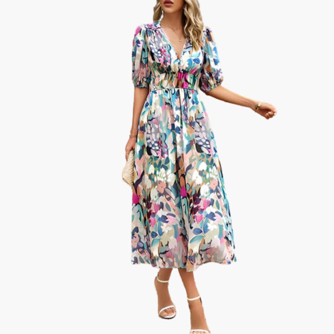JO | Summery midi dress for women with floral print and lantern sleeves