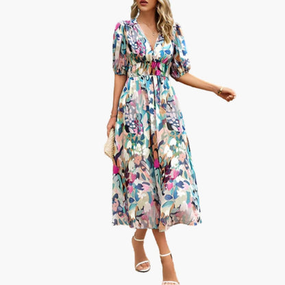 JO | Summery midi dress for women with floral print and lantern sleeves