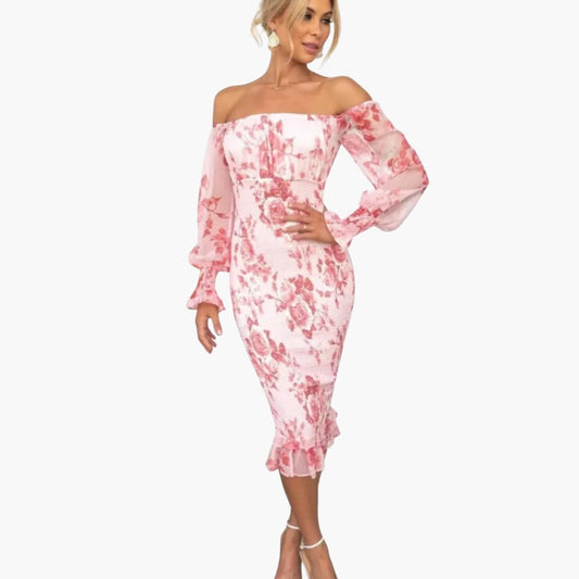 JO | Summery midi dress for women with floral print and sheer sleeves
