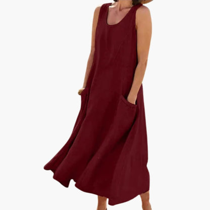 JO | Women's linen sleeveless midi dress with round neckline and pockets
