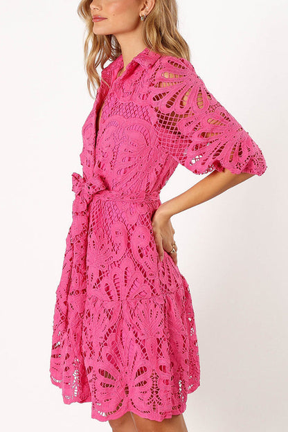 JO | Solid color lace neckline balloon sleeves and waist tie mini dress