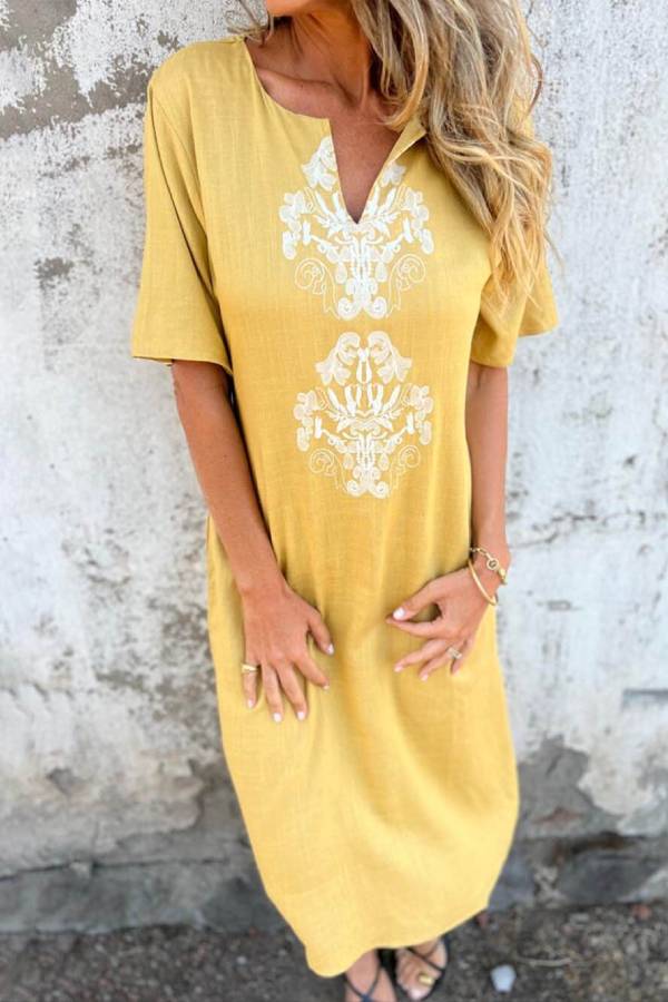 JO | Bohemian Print Linen Loose Midi Dress