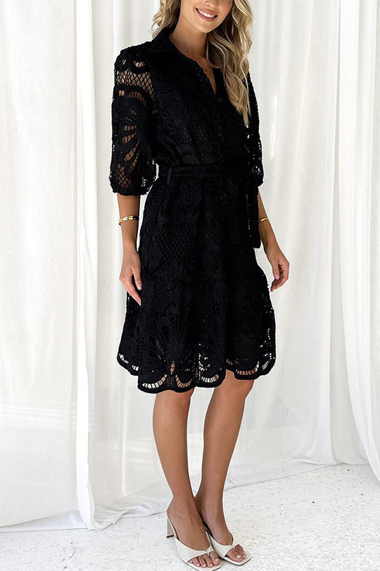 JO | Solid color lace neckline balloon sleeves and waist tie mini dress