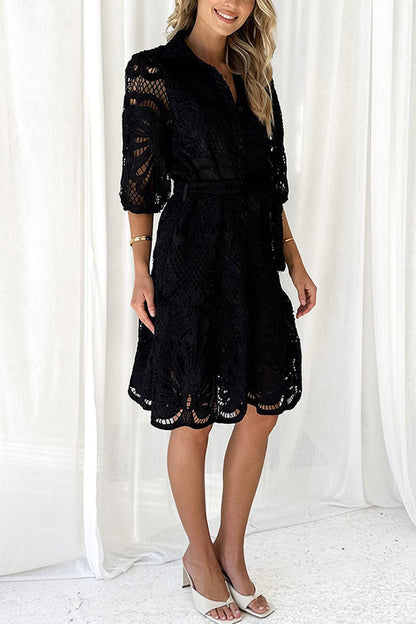 JO | Solid color lace neckline balloon sleeves and waist tie mini dress