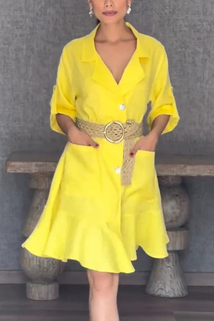 JO | Solid Color Casual Lapel Bag Ruffle Loose Mini Dress