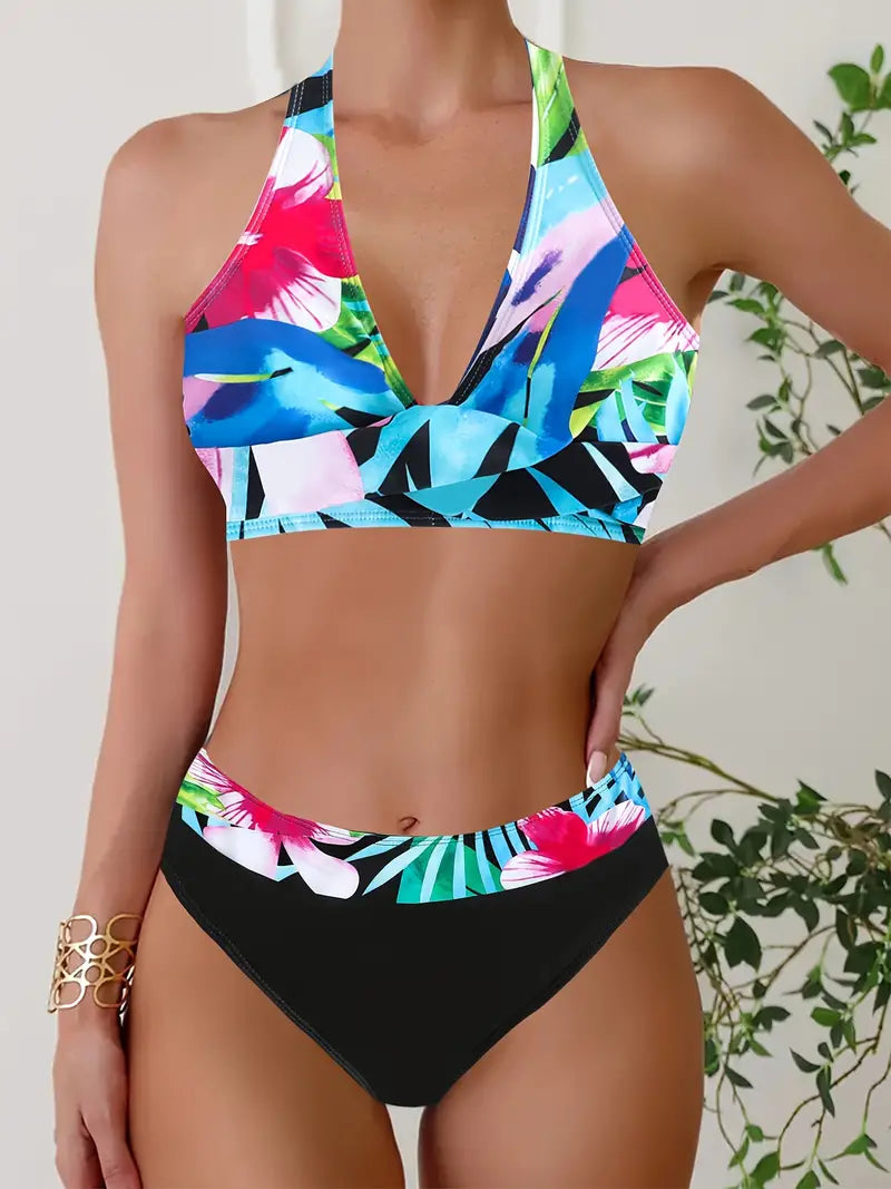 JO | Stylish Random Print Halter Cross Bikini