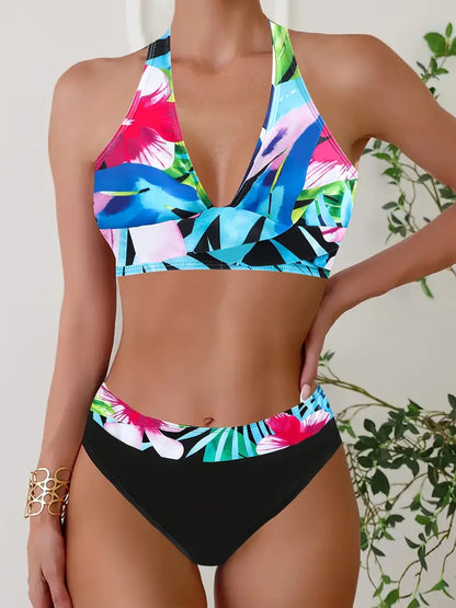 JO | Stylish Random Print Halter Cross Bikini