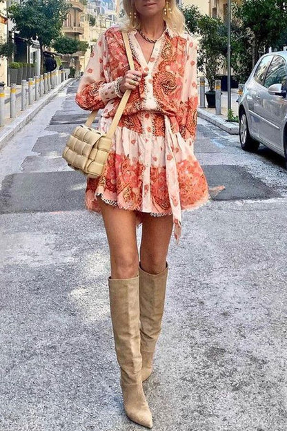 JO | Palace print button smocked sleeves belt mini dress