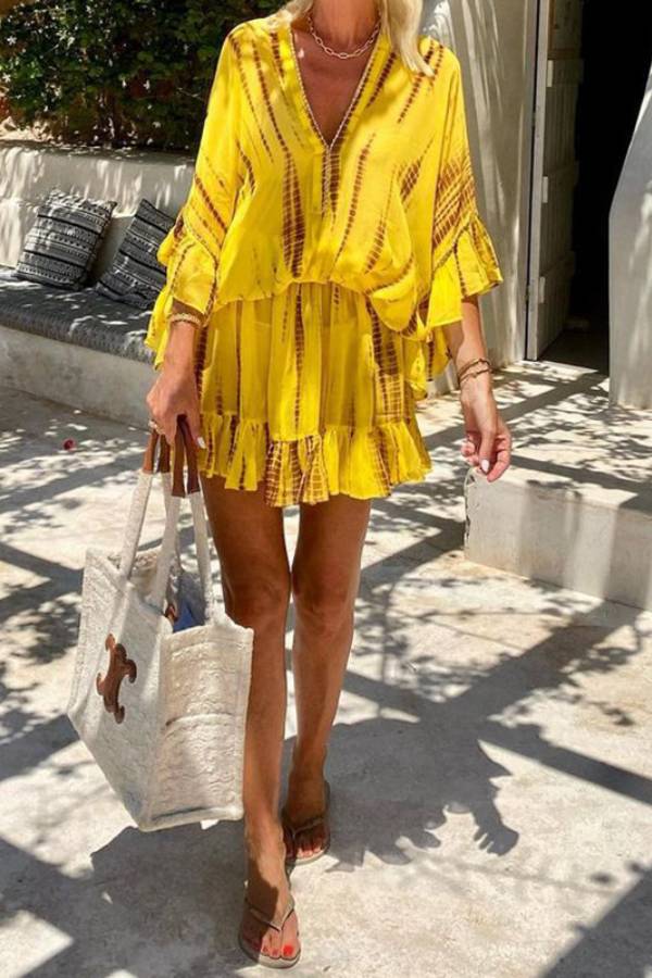 JO | Lemon Flavor Tie Dye Ruffle Batwing Sleeve Elastic Waist Kaftan Mini Dress