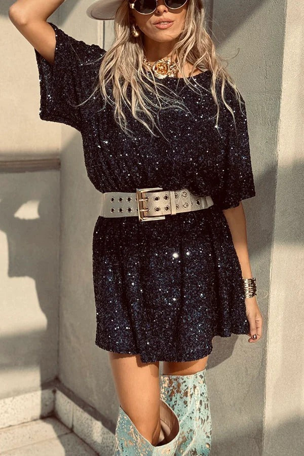 JO | Night Moves sequin fabric short sleeves backless H-line mini dress