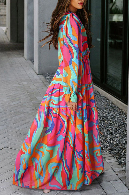 JO | Multicolor floral print ruffle trim low-cut maxi dress