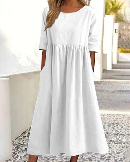 JO | Beach Short Sleeve Round Neck Ruffle Swing Casual Boho Midi Dress with Pockets